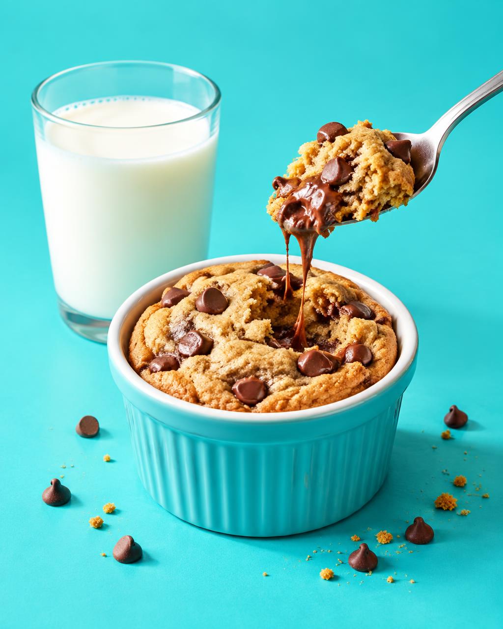 A gooey chocolate chip cookie with a glass of milk
